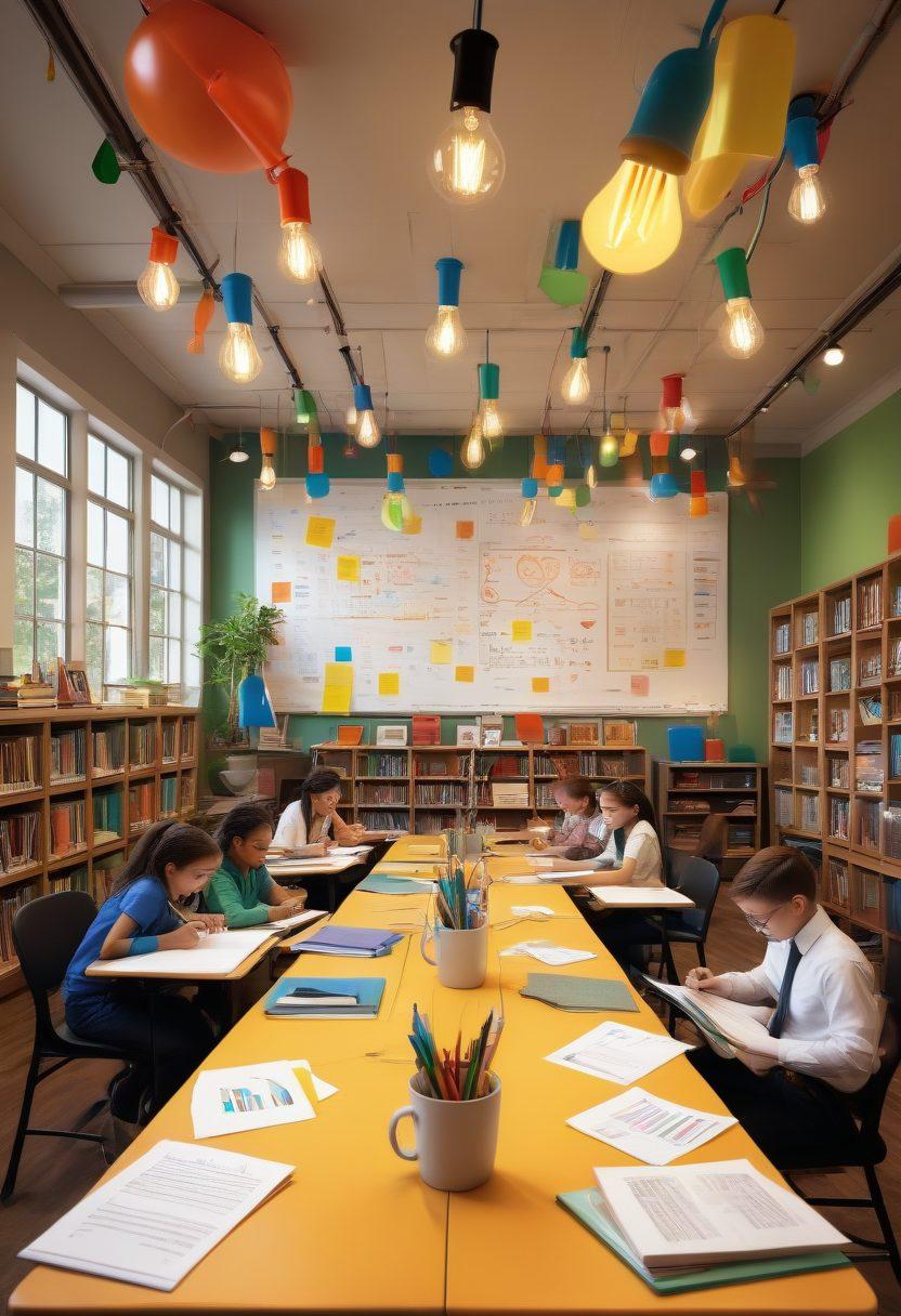 A diverse group of students engaging in dynamic learning activities in a bright, modern classroom filled with resources like books, laptops, and interactive whiteboards. An inspiring teacher guides them, creating an atmosphere of collaboration and enthusiasm for education. Include symbols of success such as graduation caps and diplomas subtly integrated into the design. Conceptual and motivational elements like lightbulbs or growth charts enhance the theme of unlocking potential. vibrant colors. super-realistic.