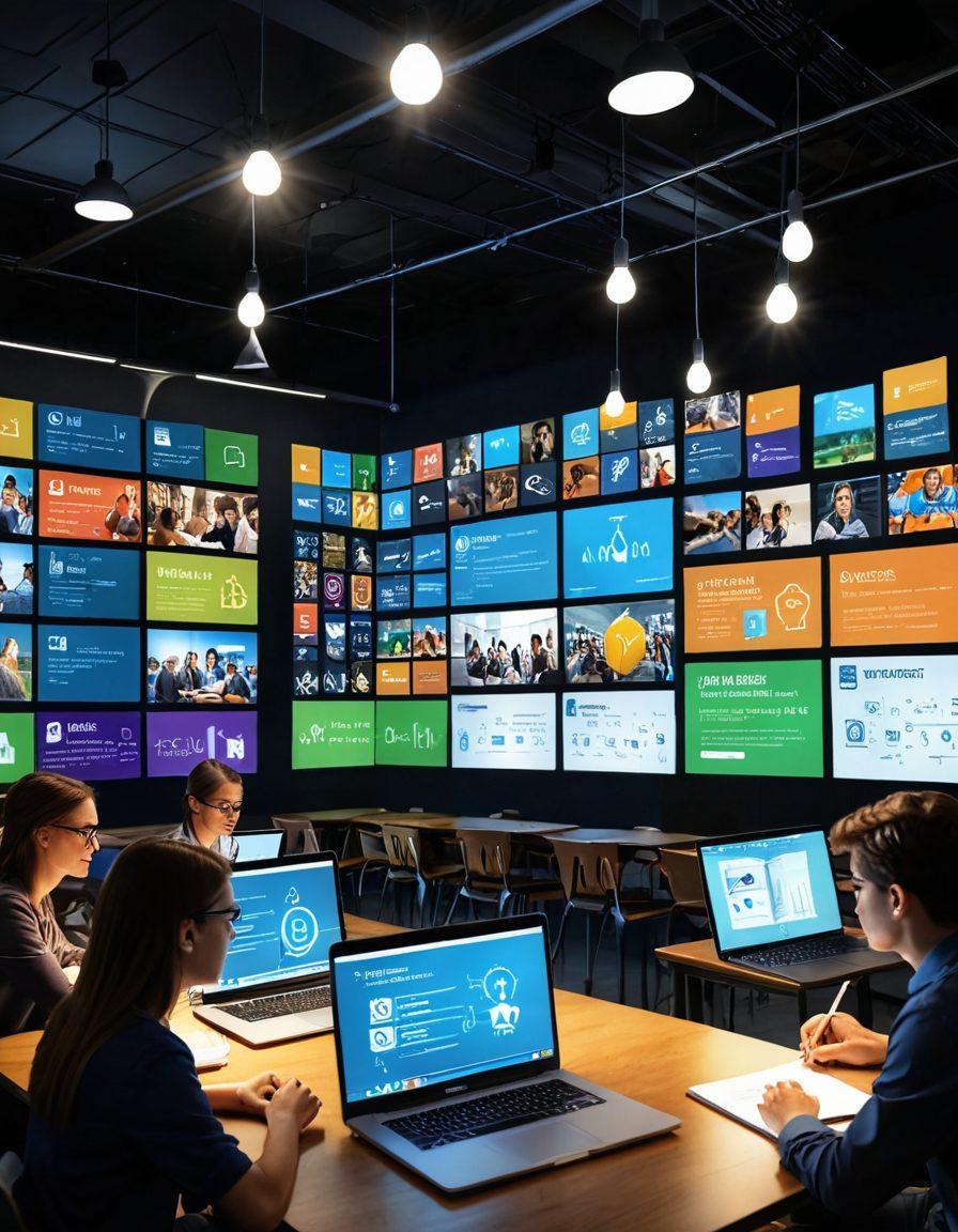 A modern virtual classroom filled with diverse students engaged with various e-learning tools on their laptops and tablets. The background features bright digital infographics showcasing online resources like videos, e-books, and quizzes. Vibrant colors highlight the energy of online learning, while icons representing success, such as graduation caps and glowing light bulbs, float around the scene. super-realistic. vibrant colors. 3D.