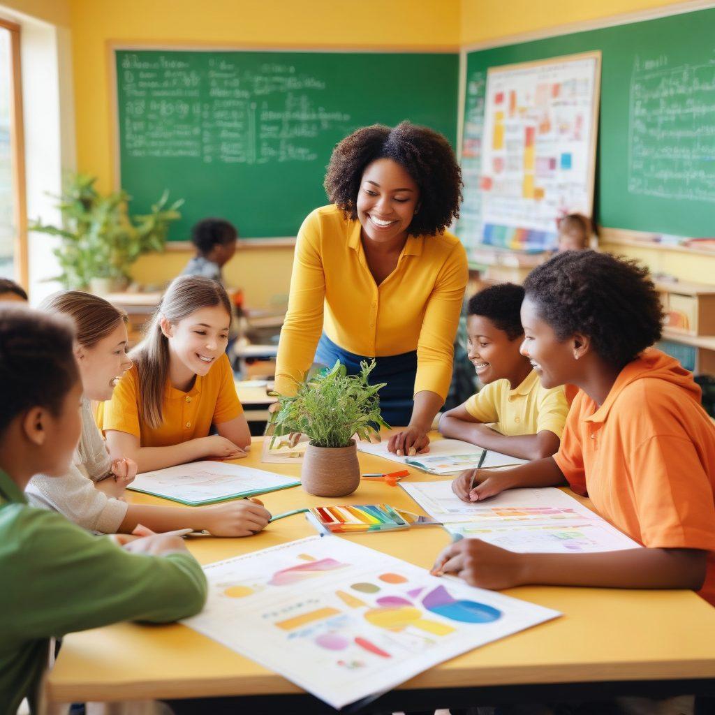 A vibrant school scene showcasing diverse students collaborating in a bright classroom, with a supportive teacher guiding them. Visual elements include charts showing academic growth, plants symbolizing growth, and hands joined in solidarity. Emphasize a welcoming atmosphere with warm colors and educational tools around. super-realistic. vibrant colors. bright background.